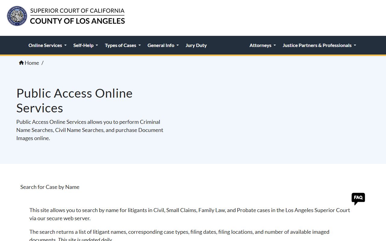 Los Angeles County civil case index search portal
