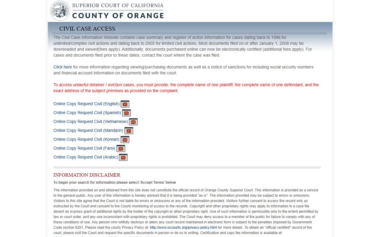 Orange County civil case access portal