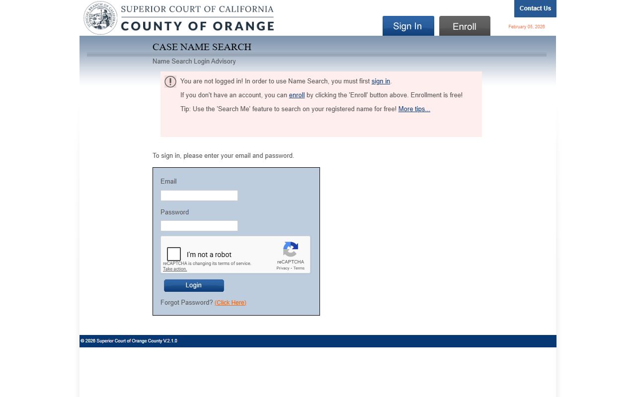 Orange County name search portal across all case types