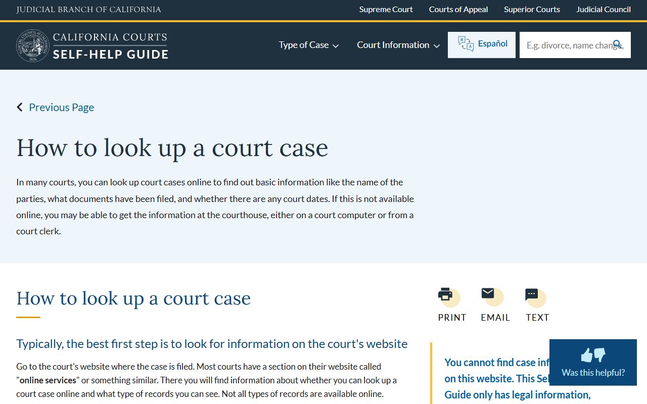 California self-help guide for looking up cases